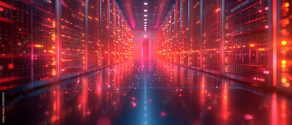 Aufkleber Hosting service concept of data warehouse technology. Server room with servers of information cloud storage. Dark datacenter with data signal lights.