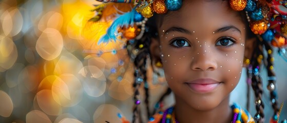 Young girl in Mardi Gras costume surrounded by other children enjoying the festive atmosphere. Concept Mardi Gras Celebration, Colorful Costumes, Children's Party, Festive Atmosphere, Joyful Revelry