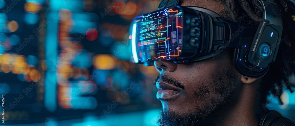 Poster Software Developer working in VR headset coding program text. Futuristic computer technology concept. Guy working in specs, headset.