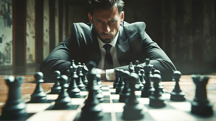 Strategic Business Moves: Create an image capturing the intensity and focus of a businessman making a decisive move on a chessboard, symbolizing strategic decision-making in business - obrazy, fototapety, plakaty