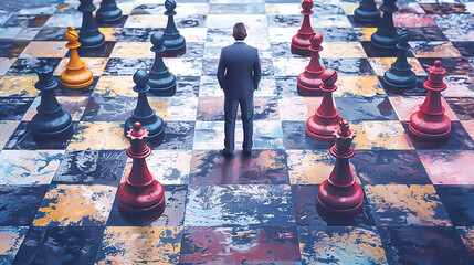 Strategic Business Moves: Businessman making a decisive move with a big chessboard, symbolizing strategic decision-making in business.