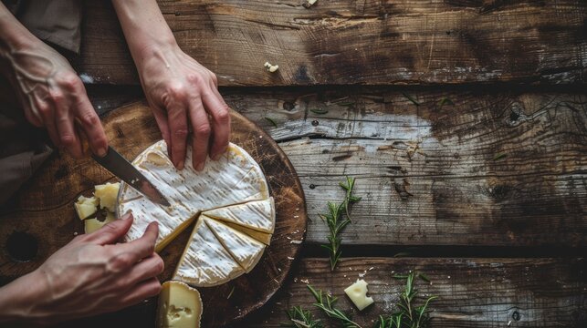 Hands cutting a soft brie cheese on a rustic wooden table