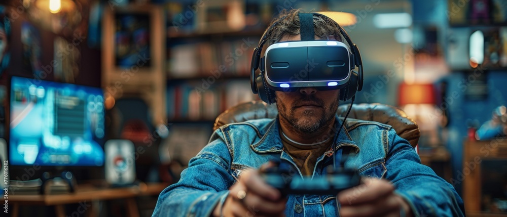 Poster the man in the picture is wearing a virtual reality headset and holds vr controllers in his hands. h