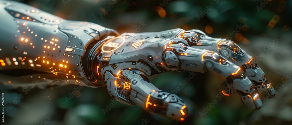 Poster AI robotic arm presses a button with an AI logo. The cyborg hand touches the HUD with his index finger. AI bot in Industry 4.0. AI robotic hand taps HUD screen.