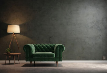 The interior has an armchair on an empty white wall background.
