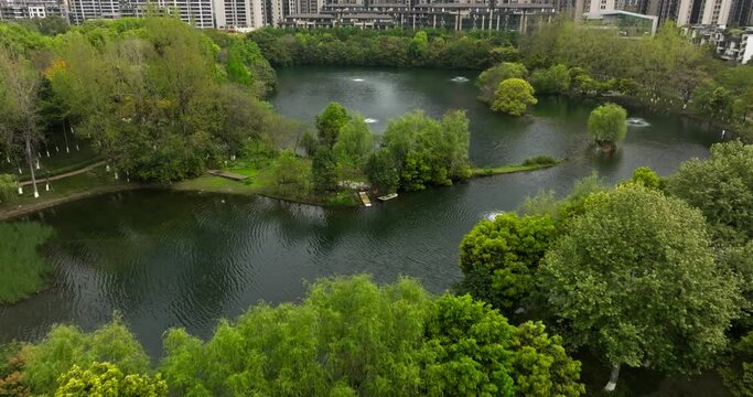trees in the park by the lake sprout green at spring day, aerial view of beautiful residential area near the Donghu park at Chengdu China