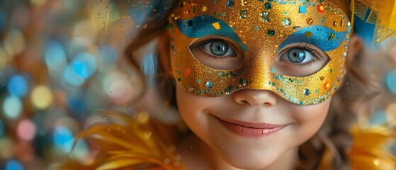 Child in Mardi Gras mask with confetti looking joyful. Concept Child Photography, Mardi Gras,...