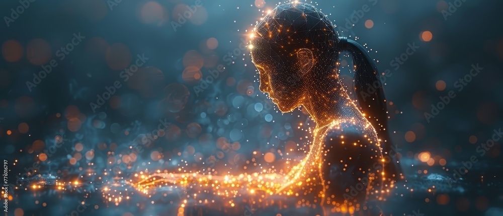 Poster the human body is presented in the form of a low poly wireframe. a polygonal image of the night sky 