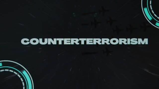 Counterterrorism inscription on black background with stars disappearing with high speed. Graphic presentation with group of military planes flying and active sensors. Military Concept