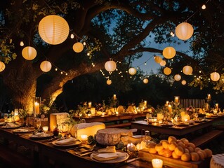 A gourmet cheese tasting event under the stars with tables laden with cheeses from around the globe - obrazy, fototapety, plakaty