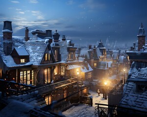 A view of the snow covered roofs of a small town at night.