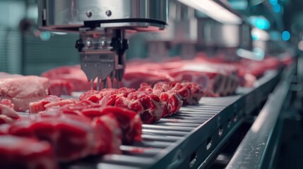 Meat factory. Mass automated conveyor meat production