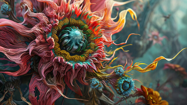 Surrealist painting with vibrant flowers, inspired by the Lowbrow art movement