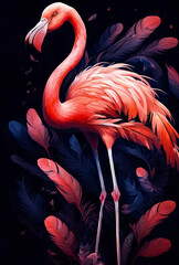 Pink flamingo. Dark background with feathers. AI