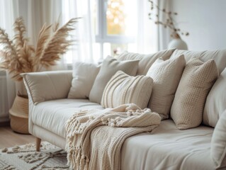 Cozy Beige Living Room Interior with Plush Sofa, Textured Throw Pillows, Knit Blanket, Pampas Grass Decor - Bohemian Ambiance