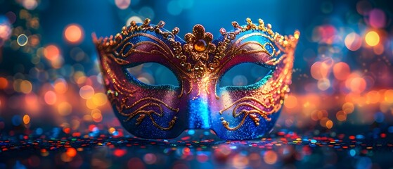Colorful Mardi Gras mask with glitter bokeh city lights in background Perfect for carnival party celebration. Concept Mardi Gras Inspired Photoshoot, Glitter Bokeh City Lights