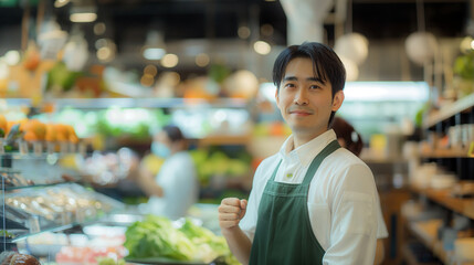 白いシャツに緑のエプロンをつけてガッツポーズをして微笑んでいるスーパーの店員
