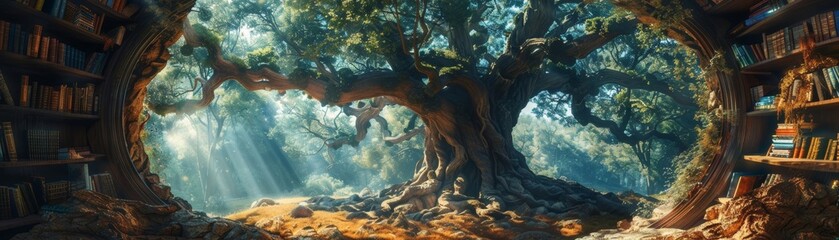 Imagine a majestic ancient tree with a large hollow trunk that contains a complex maze of books and shelves, creating a mystical and enchanting environment in a fantasy world. - obrazy, fototapety, plakaty