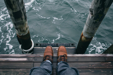 A contemplative scene with a man's feet on a wooden pier over serene water, bordered by weathered...