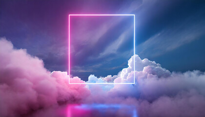 Pink and blue neon light frame in the clouds with copy space. 3D rendering. Abstract background.