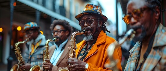 Musicians play jazz on the streets during Mardi Gras with saxophones trumpets and trombones....