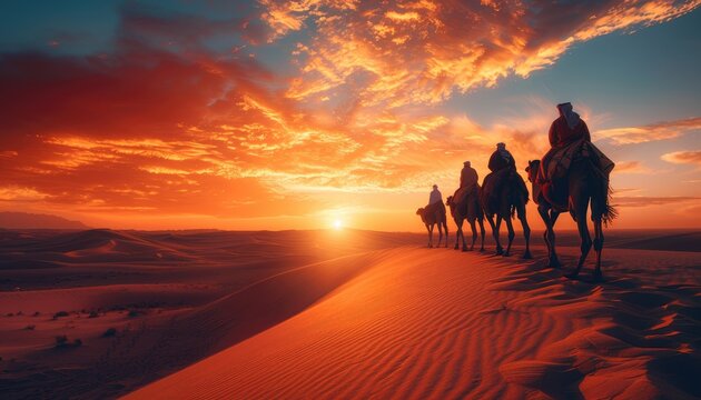 A group of camels are riding across a desert at sunset by AI generated image