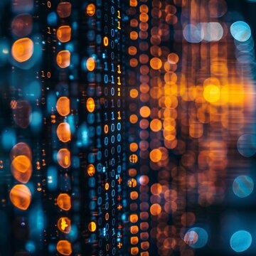 A blurry bokeh lights background with detailed software code overlaid on top