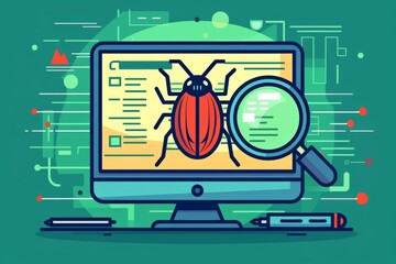 Troubleshooting concept highlighting software bugs on a computer program with a sleek outline design.