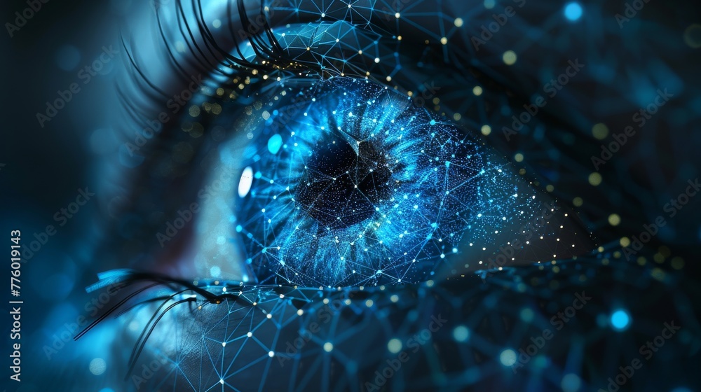 Poster an eye with low poly wireframe technology. futuristic concept. mesh eye spheres captured from flying