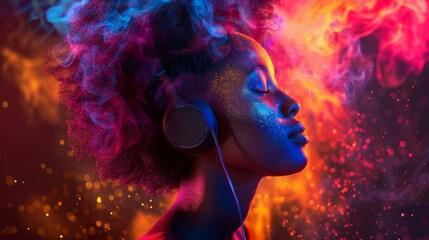 An African woman listens to music on headphones, immersed in colorful sound waves and digital light effects, creating a vibrant and dynamic experience against a dark backdrop.