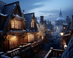 Snowy winter city panorama with wooden houses in the evening.