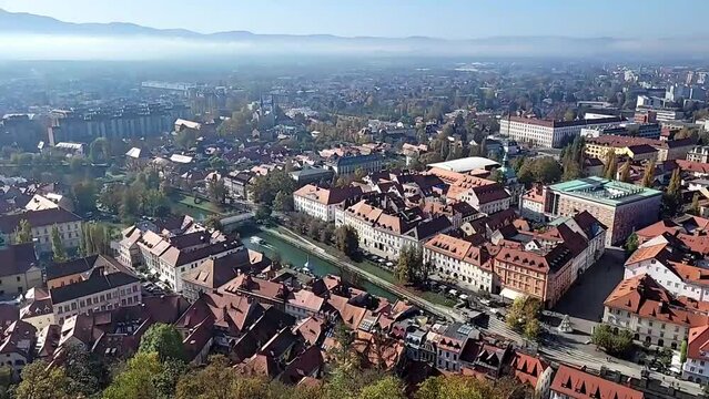 Aerial timelapse video of city of Ljubljana from the Ljubljana Castle,Slovenia