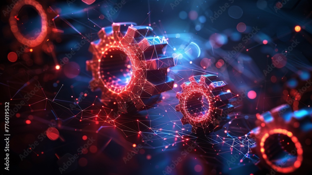 Aufkleber Composition of abstract lowpoly cogwheels. Low poly style design. Abstract geometric background. Wireframe light connection structure. Modern 3d graphic concept. Isolated  illustration.