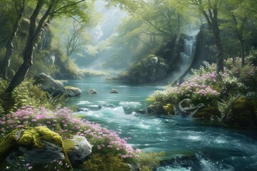 Beautiful fantasy river. Magic nature. Generate Ai - obrazy, fototapety, plakaty