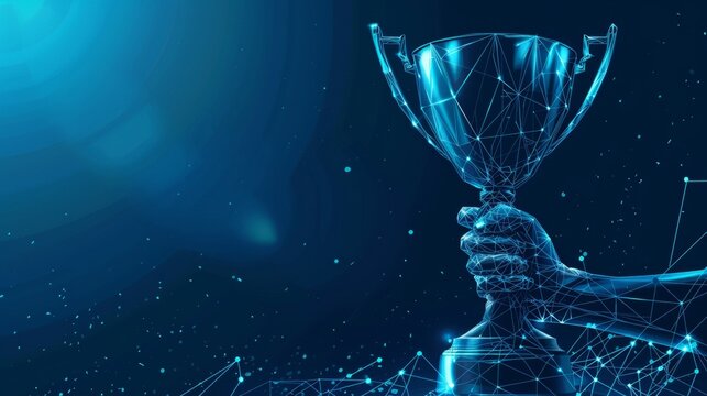 A hand with a trophy cup. Abstract  3d trophy isolated on blue background. Sport victory, success, winning, first place, celebration ceremony symbol.