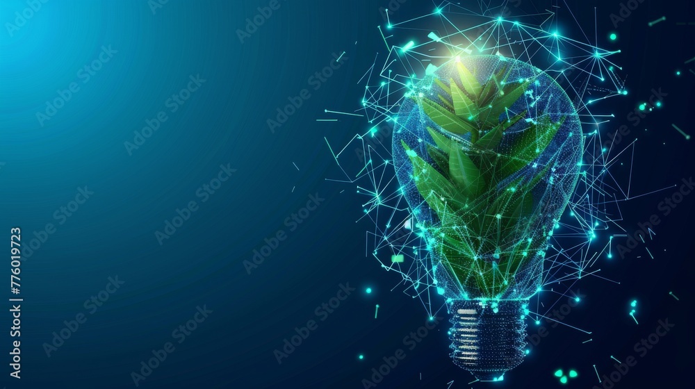 Aufkleber The abstract blue glowing light bulb has a green plant inside. Low poly style design with abstract geometric background. Wireframe light connection structure. Modern 3d graphic concept.