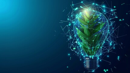 The abstract blue glowing light bulb has a green plant inside. Low poly style design with abstract geometric background. Wireframe light connection structure. Modern 3d graphic concept. - obrazy, fototapety, plakaty