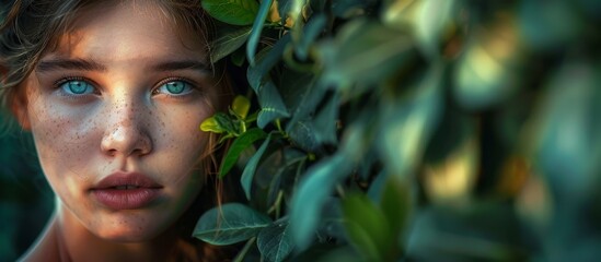 A woman with freckles and blue eyes - obrazy, fototapety, plakaty