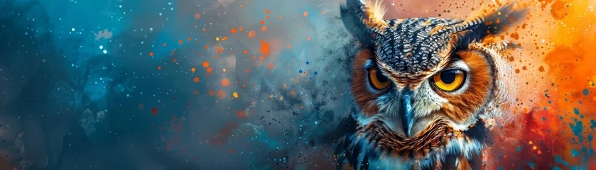 Foto op Canvas A vibrant owl painting created using innovative Generative AI technology. © tonstock
