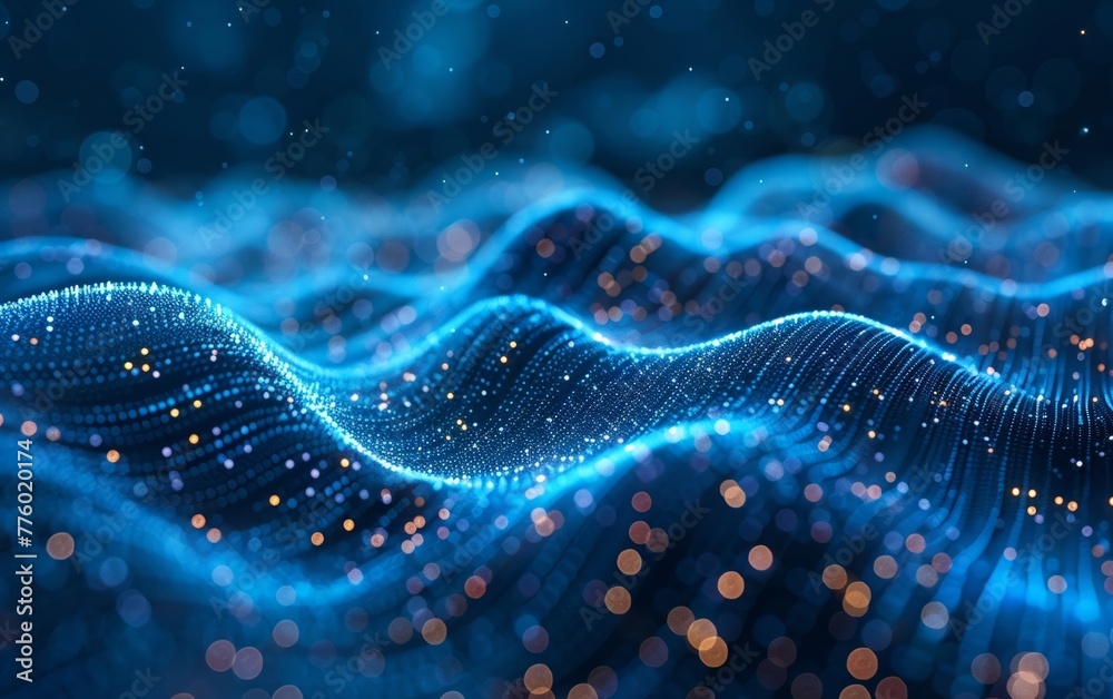Poster a futuristic deep blue tech backdrop featuring digital patterns, artificial neural networks, quantum