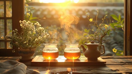 Calming herbal tea ceremony at sunset, with the golden hour light accentuating the relief it brings to GERD sufferers - obrazy, fototapety, plakaty