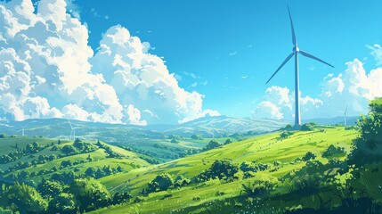 Photorealistic wind turbine on a green hill, vibrant sky background, natural lighting ,high resulution,clean sharp focus