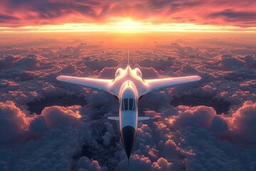 Unique silent supersonic aircraft model, photorealistic, vibrant sky at dusk ,3DCG,high resulution,clean sharp focus - obrazy, fototapety, plakaty