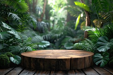 Wooden podium in tropical forest for product presentation and green background. Product presentation with a wooden podium set amidst a lush tropical forest