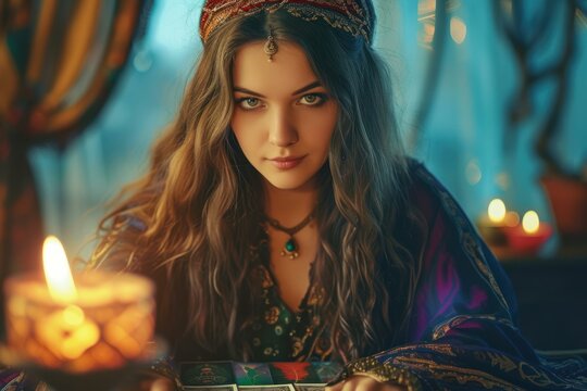 Alluring Tarot reader looking beauty female. Card fortune magic teller. Generate Ai