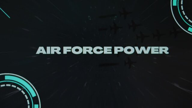 Air Force Power inscription on black background with stars disappearing with high speed. Graphic presentation with group of military aircrafts leaving smoke trails and active sensors. Military Concept