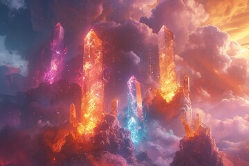 An immersive 3D world featuring towering crystal structures enveloped in vibrant mist and glowing beings.