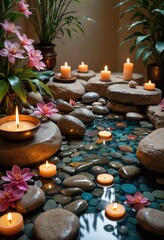 A tranquil spa retreat awaits with candles casting a soft glow on aromatic flowers 