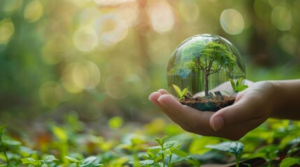 Green blurry background with a hand holding a glass globe ball with a tree growing. Eco concept.