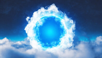 Round energy sphere in neon blue clouds. Magical glowing ball. Abstract background.